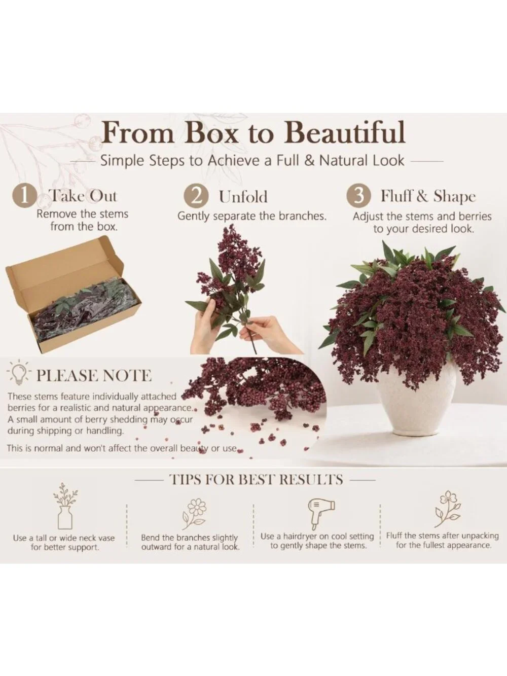 6 Pcs Burgundy Faux Nandina Berry Stems - 17'' Artificial Home Decor Branches
